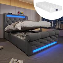 Moderni minkšta lovytė, viengulė lova 90x200cm, su LED apšvietimu, galvūgalis su daiktadėže, USB ir Type-C jungtimis, hidraulinis lovos mechanizmas, pilka, aksomas (Su čiužiniu) 220 x 96 x 110 cm pilka