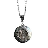 Handcrafted Symbol Photo Locket Necklace Showcasing Triquetra And Tree Designs gray
