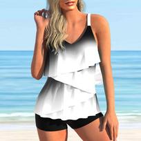 Moteriški maudymosi kostiumėliai Tankini 2 dalių maudymosi kostiumėlis Mėlynas Lotus Leaf Gradient Print Maudymosi kostiumai S ryškiai rožinė