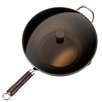 Armorbear Iron Wok with Glass Lid, 34cm, Carbon Steel, Flat Bottom, Induction Compatible, Triple Nitriding Treatment for High Rust Resistance gray