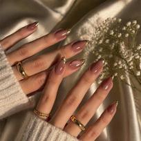 ERICO Cat Eye Almond Press on Nails, Pink Nude, Gold French Tip, Glossy Finish, Reusable Fake Nails for Parties and Weddings brown