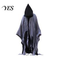 Haunted House Costume Grim Reaper Hooded Cloak for Men Women, Adult Scary Gothic Distressed Ragged Cosplay Robe Wizard Cape, Halloween Masquerade gray