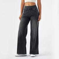 Laisvi Baggy džinsai moterims su elastine juosmens juosta, plataus kirpimo džinsai, elegantiškos prigludusios džinsinės kelnės, amerikietiško retro stiliaus džinsiniai palazzo keliai XS tamsiai pilka spalva