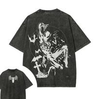 Oversized Acid-Wash Short-Sleeve T-Shirt Featuring Marvel Spider-Man Symbiote Suit Graphic, With Spider Sigils On Chest & Graveyard-Style Back Art S įvairiaspalvis