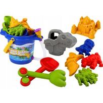 LEAN Toys Smėlio kibirėlio rinkinys su dušu, mentelė, grėblys, formelės, dinozaurai