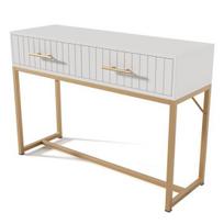 Vanity Desk Dressing Table with 2 Drawers Golden Handle Decorative Ribs Metal Frame Modern Drawer White Easy Assembly Bedroom Side Narrow Console A