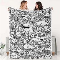 1pc 2D Printed Fleece Blanket, Skin-Friendly Soft Ocean Creature Coloring Style Blanket, Hand-Drawn Cartoon Underwater Theme Black And White Line Art, 100X130CM gray