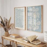 2 vnt./rinkinys Smėlio spalvos, dangaus mėlynos spalvos, austrės, banguotos linijos, drobės plakatai, pakrančių bohemiško stiliaus sienos meno plakatai, skirti moderniam svetainei, namų dekoravimui 40X60CM No Framed
