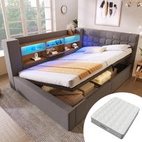 Apmušta dvigulė lova 140x200 cm, LED apšvietimas, hidraulinė saugykla, L formos galvūgalio saugykla, abiejose pusėse, su grotelėmis, linas, pilka (Su čiužiniu) 213 x 158 x 86 cm pilka