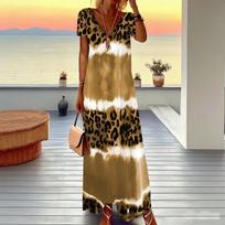 Women Plus Size V Neck Short Sleeve Maxi Dress Boho Tie Dye Leopard Mixed Print Lightweight Summer Resort Long Dress XS
