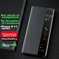 Telefono dėklas Huawei P60, Huawei P60/Pro, Odinis atverčiamas dėklas su „Smart View“ langeliu, Lengva įdiegti, Pilna apsauga, Atsparus smūgiams, Paprastas, Juodas