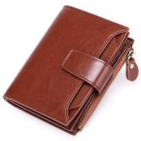 Genuine Leather RFID Blocking Short Wallet For Women Large Capacity Zipper Coin Purse Money Clip brown