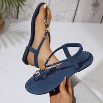 Bohemian Beaded T-Strap Flip-Flop Sandals for Women - Elastic, Slip-On, Large Sizes 42 karališkos mėlynos spalvos