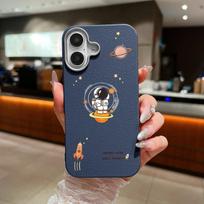 Cartoon Astronaut Leather Texture Soft Case For iPhone 16 15 14 Pro Max 15 Plus 13 12 Pro Max 11 Shockproof Silicone Phone Cover iPhone 16 mėlyna