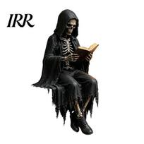 Sitting Grim Reaper Model Gothic Dark Fantasy Figure, Reading Hooded Statue, Halloween Figurine Resin Skeleton for Bookshelf Home C