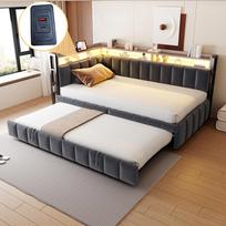 Upholstered single sofa bed 90x200cm with pull-out bed, LED lighting, storage at head and foot end, USB and Type-C ports, dark grey velvet fabric 211.5 x 101.5 x 90 cm pilka