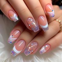 24Pcs Glitter French Press On Nails With Broken Diamond Aurora Sequins Ballet Fake Nail Tips brown
