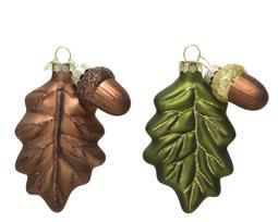 Stiklinis kalėdinis eglės žaisliukas LEAF, rudos/žalios sp., 7 x 2 x 10,5  cm, 1 vnt