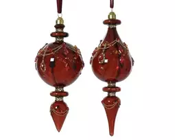 Stikl. kalėdinis eglės žaisliukas ORNAMENT, raudonos sp., 2 rūšys, 8 x 18 cm, 1 vnt