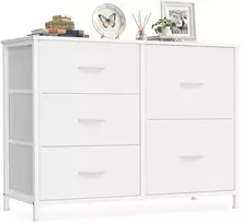 Songmics Audinio komoda su 5 stalčiais, 98,7 x 30 x 74,7 cm, debesų baltumo spalvos