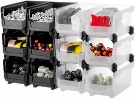 Sukraunamos plastikinės dėžės daiktams, 12 vnt., 377x215x180 mm, juodos ir permatomos