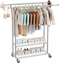 Drabužių stovas ant ratukų su 2 strypais ir 2 lentynomis. reguliuojamo aukščio. apkrova iki 120 kg