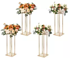 Kubinis kolonos formos gėlių vazonas vestuvėms, 4 vnt., aukso spalvos metalas, aukštis ~60 cm