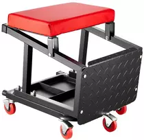 Mechaniko taburetė su ratukais, keliamoji galia 136 kg, sukasi 360°, su įrankių padėklu, juoda