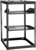 Atviro rėmo tinklo spinta 16U, apkrova iki 68 kg, vėdinamos lentynos, juoda, gylis 585 mm