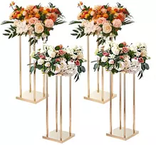 Kubinis kolonos formos gėlių vazonas vestuvėms, 4 vnt., aukso spalvos metalas, aukštis ~80 cm