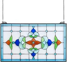 Vitražinio stiklo lango panelė 664x402 mm, stačiakampė horizontali, su grandinėle