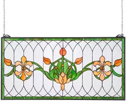 Vitražinio stiklo lango panelė 810x433 mm, stačiakampė horizontali, su grandinėle