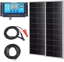 Monokristalinių saulės skydelių rinkinys 2x100W su įkrovimo reguliatoriumi. IP68