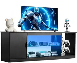 TV staliukas TV spintelė su LED apšvietimu ir stikline lentyna, iki 1651 mm, apkrova 39,92 kg, juoda