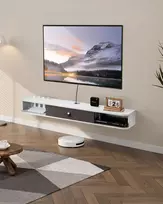 TV staliukas Pakabinama TV spintelė su kabelių anga, ilgis 140 cm, apkrova 52 kg, balta