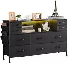 Komoda su 10 stalčių, audinio, LED apšvietimas, integruotas lizdas, juoda