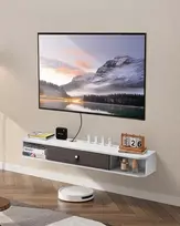 TV staliukas Prie sienos tvirtinama TV spintelė su anga laidams. saugykla DVD grotuvui ir žaidimų konsolei. balta. ilgis 120 cm