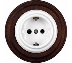 Elhard - Keraminė retro namų rozetė su rėmeliu SCHUKO 230V balta/tamsi mediena