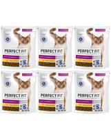 PERFECT FIT Antihairball 1+ 6x750 g sausas visavertis pašaras suaugusioms katėms, kuriame gausu vištienos