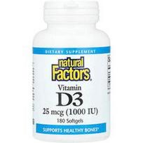 Natural Factors, Vitaminas D3, 25 mcg (1000 TV), 180 minkštųjų gelių