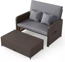 Lauko suoliukas su 4 padėčių reguliuojamu atlošu ir pufu su daiktadėže, mišrios rudos spalvos, 166/122 × 70–111 × 55–88 cm, 2 dalių