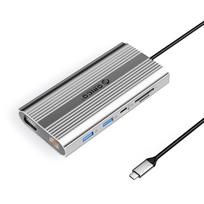 Orico XDR 12in1 USB-C stotis USB-A USB-C HDMI 4K VGA RJ45 Gigabit PD 100W SD ir microSD kortelės skaitytuvas - Sidabrinė