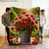 3D aguonos minkštas pliušinis pledas, flanelinis pledas mesti ant sofos svetainėje, miegamajame, lovoje, iškylai, žygiams, laisvalaikiui, snauduliui Size: 75*100cm, Weight: 280 GSM beige