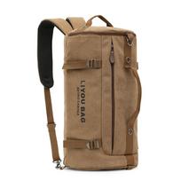 Unisex cylindrical travel backpack,durable nylon canvas luggage bag,casual duffle rucksack for outdoor trip and portable storage packing chaki