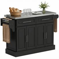 Virtuvės sala ant ratukų Nerūdijančio plieno stalviršis Stalčiai Reguliuojamos lentynos Prieskonių laikiklis Rankšluosčių laikiklis 145x45x93 cm Juoda 145 x 45 x 93 cm