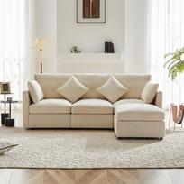 L formos kampinė sofa, transformuojama į 3 vietų, su kilnojamu pufiku ir 4 veliūro pagalvėmis, Smėlio spalvos, su vaizdo įrašu [senas SKU:N653P97713A] 216 x 161 x 81 cm smėlis