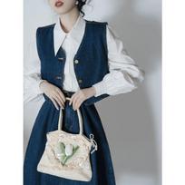 Women's Retro Hong Kong Suit: French Shirt and Vest Skirt Set for Spring and Autumn, Denim Ensemble. S gray