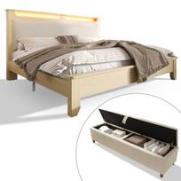 Medinė lova 140x200, LED apšvietimas, su suolo, 3 dėžės