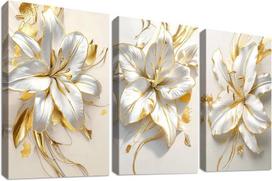 Drobės paveikslai Gėlės Lelijų modernus 3 dalių rinkinys Auksinis 120x60cm