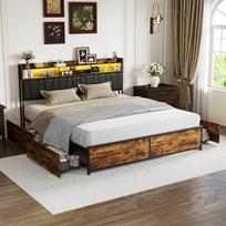 Dvigulė lovos rėmas 180x200cm su 4 stalčiais, lova su LED ir USB, grotelių pagrindas, PU, ​​​​juoda + ruda